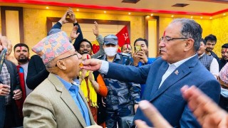 संसद पुनर्स्थापनाआदेशपछि नेकपा अध्यक्षद्वय प्रचण्ड र माधवले एकअर्कालाई मिठाई खुवाएर खुसी मनाए