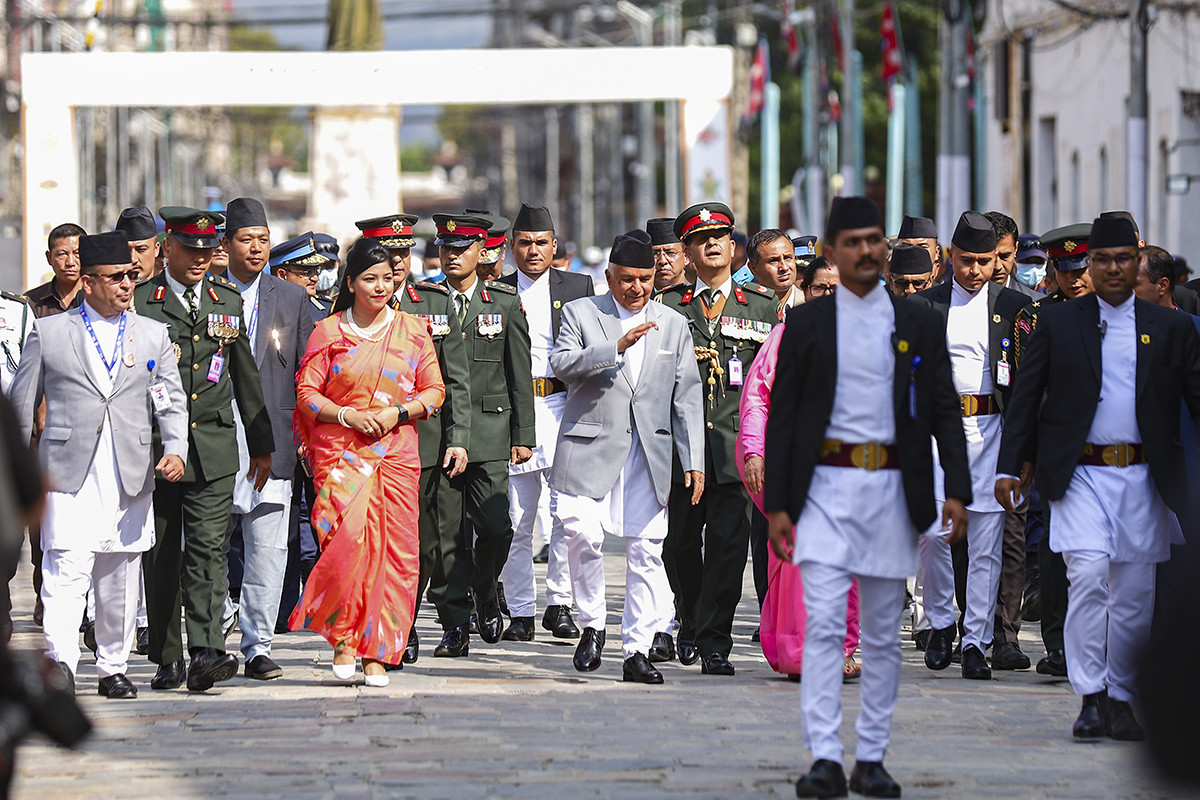 इन्द्रजात्रा अवलोकन गर्न राष्ट्रपति रामचन्द्र पौडेल जुद्ध सालिकबाट हिँडेर वसन्तपुरमा